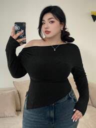 Dazy Plus Plus Size Solid Color Skinny Off Shoulder Asymmetrical Hem T-Shirt, Spring & Summer,Fall Clothes Long Sleeve Women Tops