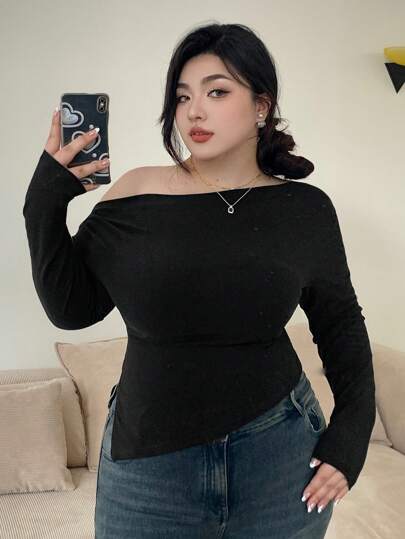 Dazy Plus 加大码纯色紧身露肩不对称下摆 T 恤，春夏秋季长袖女式上衣