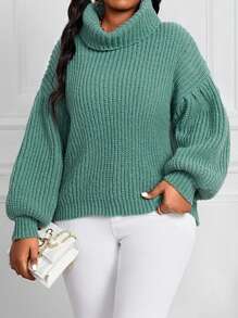 SHEIN Lady Autumn And Winter Elegant Work Green Worsted High Neck Raglan Sleeve Long Sleeve Plus Size Sweaters - Mint Green - View 4