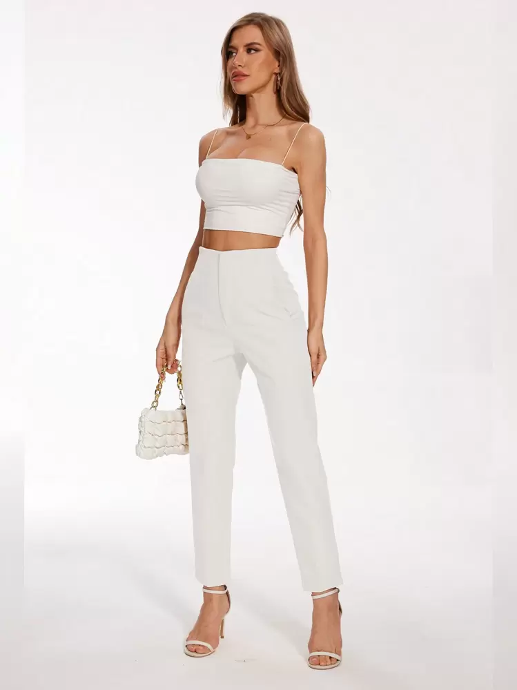 TRAFZA Women's Slim Fit Solid Color Pleated Stretch Straight Leg Pants, Suitable For Casual And Formal Wear - White - View 4