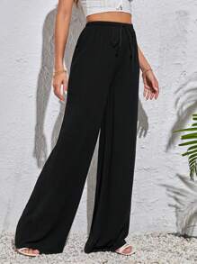 SHEIN Tall High Waist Drawstring Solid Color Black Long Pants For Summer - Black - View 6