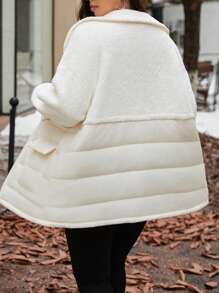 SHEIN Frenchy Plus Size Women's Winter Solid Color Drop Shoulder Long Sleeve Patchwork Fleece Casual Padded Coat - Apricot - View 5