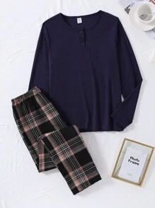 2pcs Teen Girls' Rib Pattern Long Sleeve Top & Large Plaid Pants Pajama Set, Casual For Autumn/Winter - Royal Blue - View 3