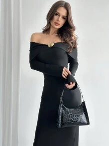 Firerie Đầm dài màu đen bó sát hở vai tay loe trang trí kim loại thanh lịch cho nữ, thời trang lãng mạn, mùa thu - màu đen - Xem 7