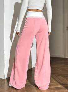 Muchica 女士腰部褶皱拼色休闲运动裤，适合日常休闲 - 粉色 - 查看 2