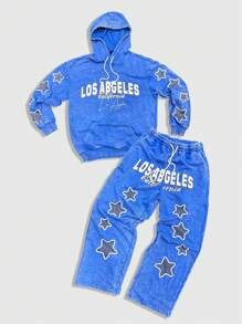 ROMWE MEN Prep Men's Autumn Letter & Pentagram Print Drawstring Hoodie And Pants Casual 2pcs Set - Blue - View 1