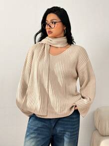 SHEIN EZwear 1pc Loose Cowl Neck Solid Color Pullover Sweater For Plus Size Women, Autumn/Winter - Apricot - View 3