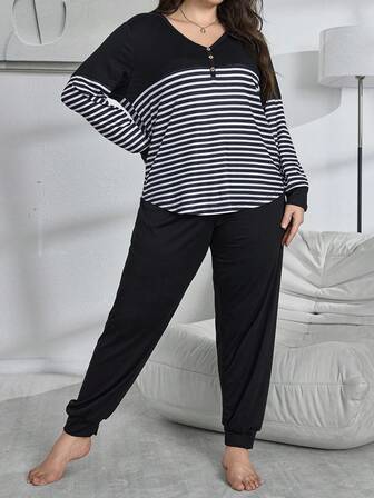 大码女式休闲撞色条纹装饰纽扣前开襟舒适上衣和裤子家居服睡衣套装，舒适优雅的细节设计，秋冬服装