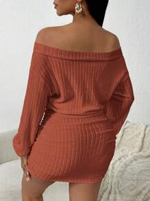 SHEIN SXY 1 件女式露肩纯色长袖简约褶皱下摆短裙 - 棕色 - 查看 2