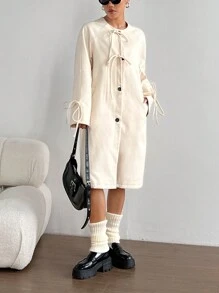 Flirla Mantel Panjang Wanita Warna Polos Lengan Panjang dengan Hiasan Pita, Modis, Musim Gugur/Dingin - Aprikot - View 5
