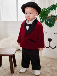 SHEIN 2pcs/Set Baby Boy Burgundy Summer Formal Wedding Guest Suit,Satin British Style Black Collar Jacket & Pants Gentleman Outfit For Birthday Party - Red - View 4