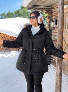 SHEIN EZwear Áo khoác mùa đông dài tay có dây rút eo, mũ trùm đầu bông, đệm vá, cỡ lớn cho nữ, màu đen - màu đen - Xem 1