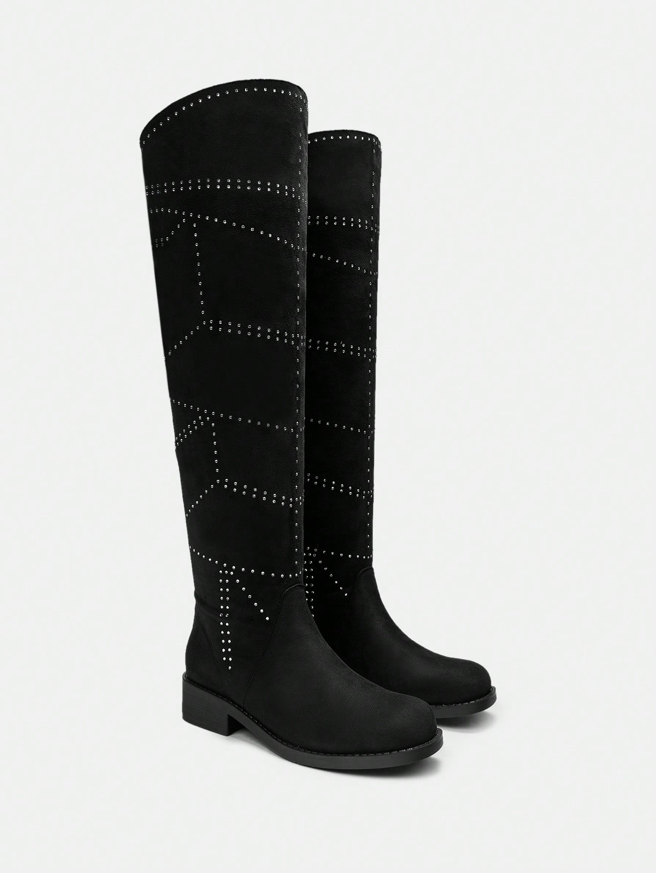 CUCCOO BIZCHIC 여성용 블랙 벨벳 라인스톤 장식 허벅지 하이부츠