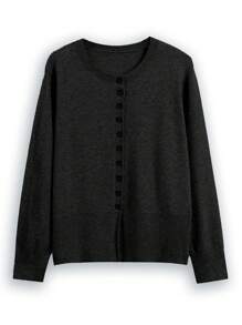 Calvaya Plus Size Solid Color Button Front Long Sleeve Top, Casual Daily Wear, For Winter Fall Cloth For Women Autumn - Black - View 1