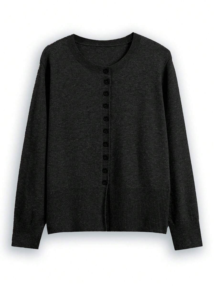 Calvaya Plus Size Solid Color Button Front Long Sleeve Top, Casual Daily Wear, For Winter Fall Cloth For Women Autumn - Black - View 1