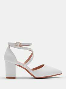 CUCCOO BIZCHIC Femmes Mode Blanc Bride À La Cheville Croisé Bout Pointu Talons Hauts Épais, Convient Pour Le Trajet, Le Rendez-Vous, La Fête, Les Courses, Les Vacances - Blanc - Voir 2