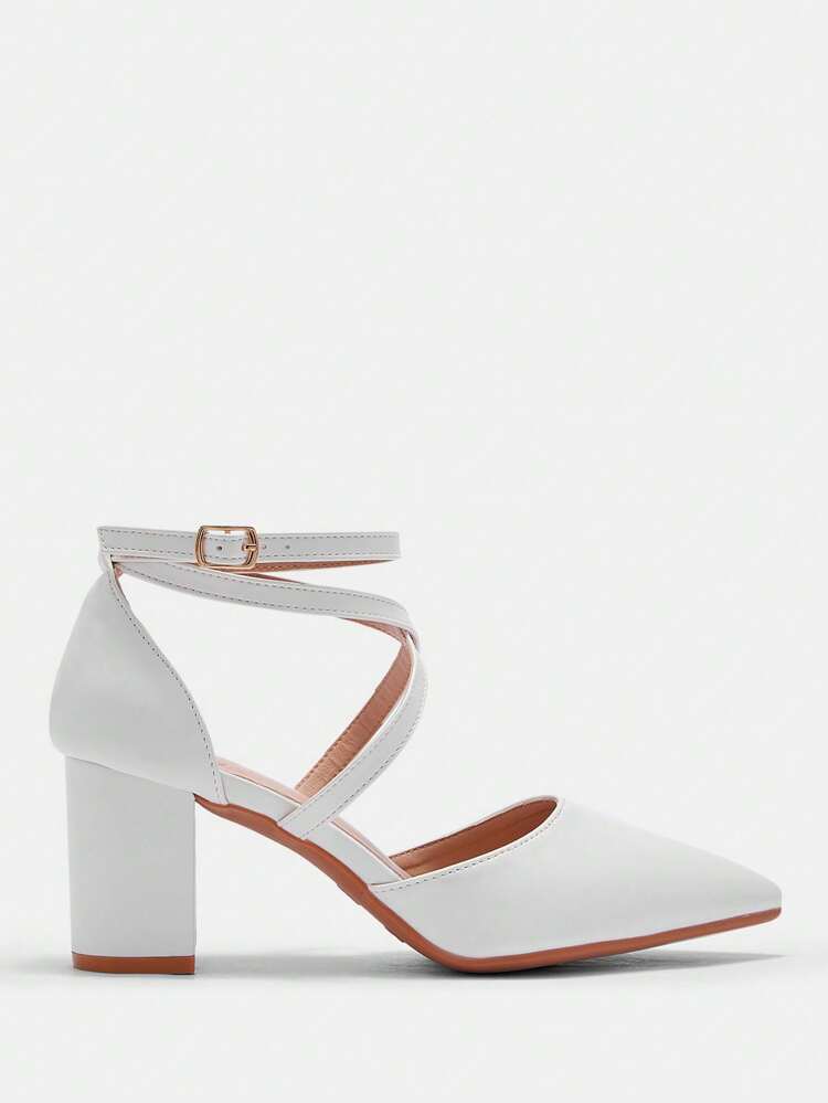 CUCCOO BIZCHIC Women Fashion White Ankle Strap Crisscross Point Toe Thick High Heel Pumps, Suitable For Commute, Date, Party, Shopping, Holiday Spring Shoes Spring Break Easter For Christmas Spring Shoes