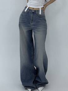 DAZY 女士时尚休闲水洗斜口袋宽松阔腿牛仔裤 - 中等水洗藍 - 查看 8