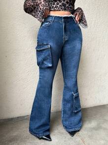 SHEIN ICON Plus Size Sexy Tight Fit Flared Leg Blue Jeans - Medium Wash - View 3