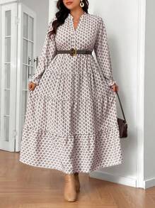 SHEIN Frenchy Váy cổ đứng nhiều lớp viền xếp nếp cỡ lớn, mùa thu, váy xếp nếp, tiền cũ, váy trang trọng - Cà phê nâu - Xem 6