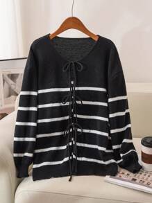 SHEIN Frenchy Plus Size Color Block Striped Tie Front Cardigan, Casual For Autumn & Winter Fall/Winter - Black and White - View 1