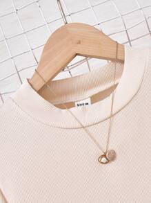 SHEIN 2 件套青少年女孩优雅休闲罗纹针织上衣 + 简约 PU 皮革腰裙（配腰带），秋冬 - 杏色 - 查看 4