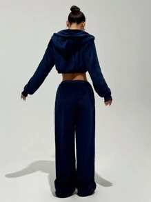 StreetHx 女士抽绳毛茸茸拉链连帽衫和宽松裤子，海军蓝，毛绒面料，秋冬 - 藏蓝色 - 查看 2