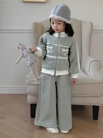 2 stuks/set jonge meisjes blauwe casual lange mouwen sweatshirt en lange broek set, herfst/winter outfit