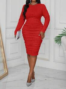 SHEIN Lady Spring And Summer Autumn And Winter Elegant Knitted Off The Shoulder Pencil Midi Drawstring Long Sleeve Plus Size Dresses