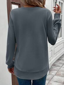 SHEIN LUNE Crew Neck Asymmetrical Hem Waffle Texture Fabric Basic Silhouette Casual & Comfy Women Sweatshirt,Long Sleeve Tops In Fall/Winter - Grey - View 2