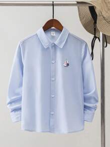 SHEIN 青少年男孩休闲天蓝色 Polo 领船印花衬衫，适合春秋冬季，适合学校、学院风格、商务、派对、日常简约百搭 - 藍色 - 查看 4