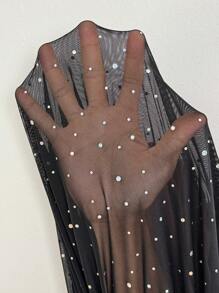 SHEIN EZwear 大码时尚性感亮片网眼侧开衩紧身连衣裙 - 黑色 - 查看 8