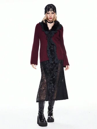 Hippie Women Lace Trim Ruffle Hem Long Flared Sleeve Knitted Cardigan