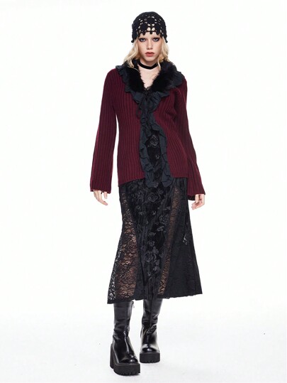 Hippie Women Lace Trim Ruffle Hem Long Flared Sleeve Knitted Cardigan