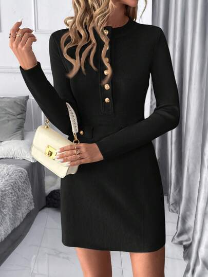 SHEIN Clasi Women Elegant Commuter Button Decorated Short Knit Sweater Dress In Fall/Winter