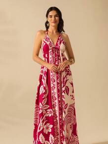 CAJUNI 女式度假热带波西米亚风花朵和椰子树印花细肩带系带休闲海滩夏装 - 彩色 - 查看 5