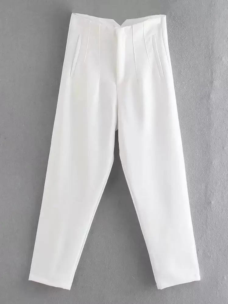 TRAFZA Women's Slim Fit Solid Color Pleated Stretch Straight Leg Pants, Suitable For Casual And Formal Wear - White - View 6
