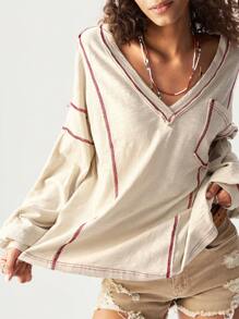 Bohemela Sudadera holgada informal para mujer de punto liso con cuello en V, hombros caídos y manga larga