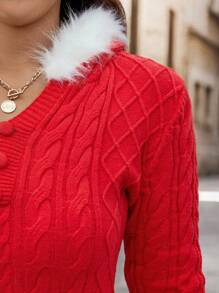 SHEIN LUNE Plus Size Women Red Twisted Rope White Hood Collar Knit Dress, Christmas Holiday Sweater Dress, Winter