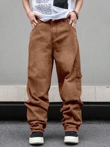 Manfinity EMRG Men's Pocket Loose Wide Leg Casual Versatile Jeans - Brown - View 3