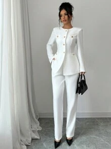Elenzga 2 件套女士纯色圆领长袖单排扣夹克和裤子优雅套装，秋季 - 白色 - 查看 4