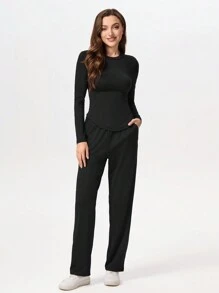 TaskEZ 纯色圆领长袖简约上衣和裤子手术服套装，/医疗保健 - 黑色 - 查看 5