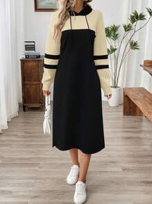 SHEIN LUNE Váy nỉ dày dài tay rộng rãi có mũ trùm đầu màu tương phản - Nhiều màu - Xem 7