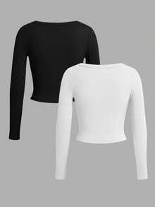 Slaydiva 秋冬季基本款简约女式 T 恤，紧身针织罗纹上衣，带纽扣的大圆领和长袖，白色和棕色 - E - 黑色 - 查看 2