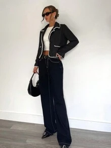 SHEIN Essnce New Winter Loose Short Embroidered Shell Bomber Jacket, Thick Tweed Jacket, Outerwear, Women Jacket, Black, Winter Clothing, Jacket - Black - View 4