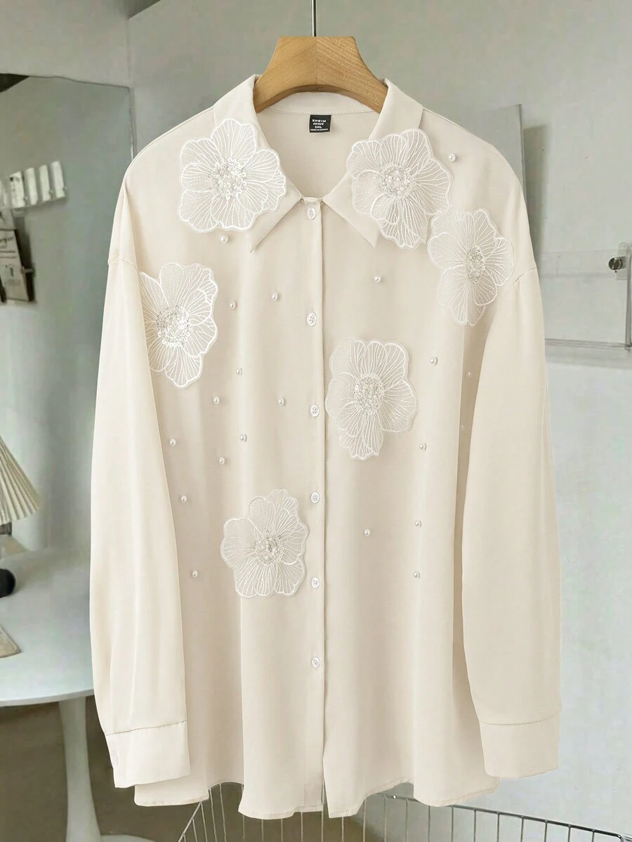Celure Plus Size Women Elegant Embellished Faux Pearl Decor Drop Shoulder Loose Blouse, Spring & Autumn Women Shirt