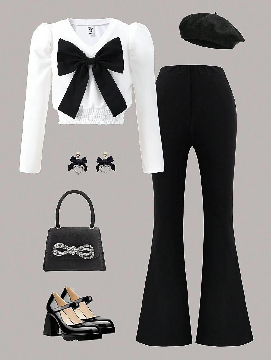 SHEIN Conjunto de blusa de cuello en V con moño y pantalones rectos de unicolor para niña preadolescente, de moda y divertido, adecuado para todas las estaciones - Blanco y Negro - Ver 1