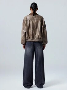 LYSMO 复古拼布领皮夹克，秋冬 - 鏽棕色 - 查看 2