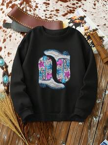 SHEIN EZwear 女士休闲星星印花圆领长袖套头衫，秋冬 - 黑色 - 查看 2