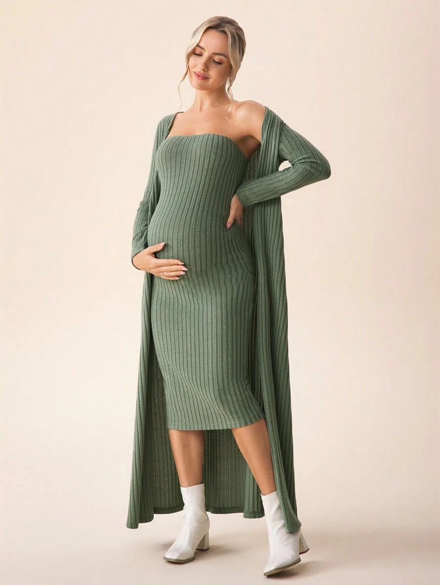 SHEIN Olive Ribbed Sleeveless Dress With Cardigan Maternity 2 Pieces Set, Autumn - Green - View 1